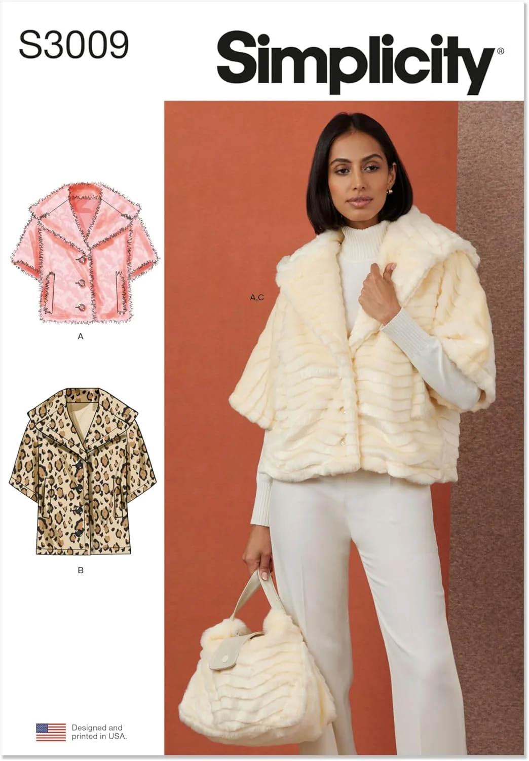 الگوی خیاطی ژاکت و کیف خز مصنوعی زنانه سیمپلیسیتی SS3009H5، کد طراحی S3009، سایزهای 6-8-10-12-14، چند رنگ