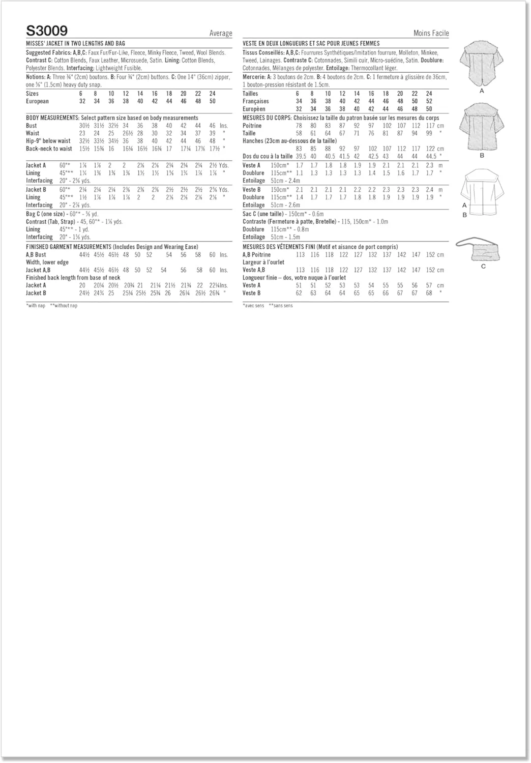 الگوی خیاطی ژاکت و کیف خز مصنوعی زنانه سیمپلیسیتی SS3009H5، کد طراحی S3009، سایزهای 6-8-10-12-14، چند رنگ
