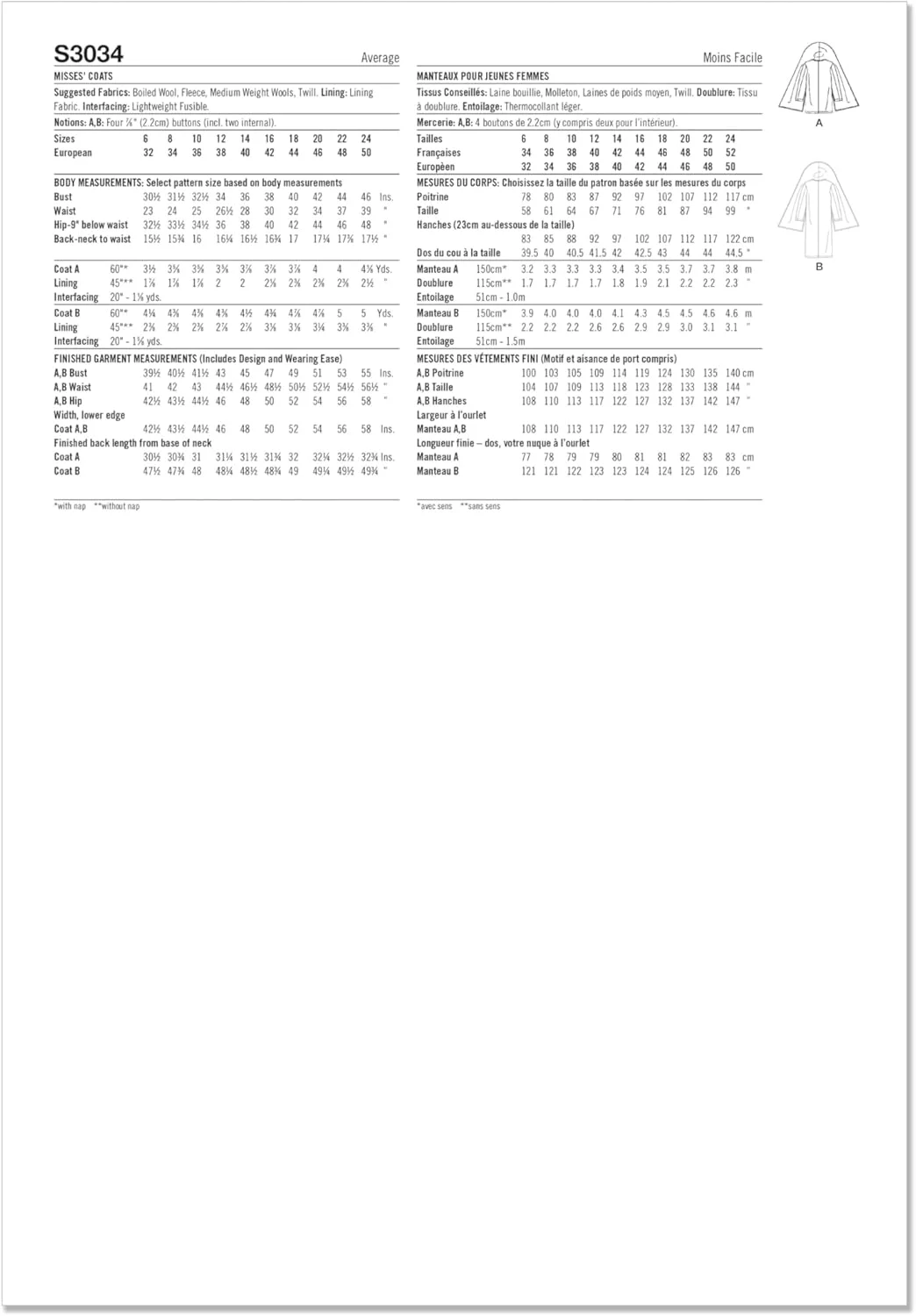 الگوی دوخت کت های آستردار گشاد زنانه Simplicity SS3034H5، کد طراحی S3034، سایزهای 6-8-10-12-14، چند رنگ