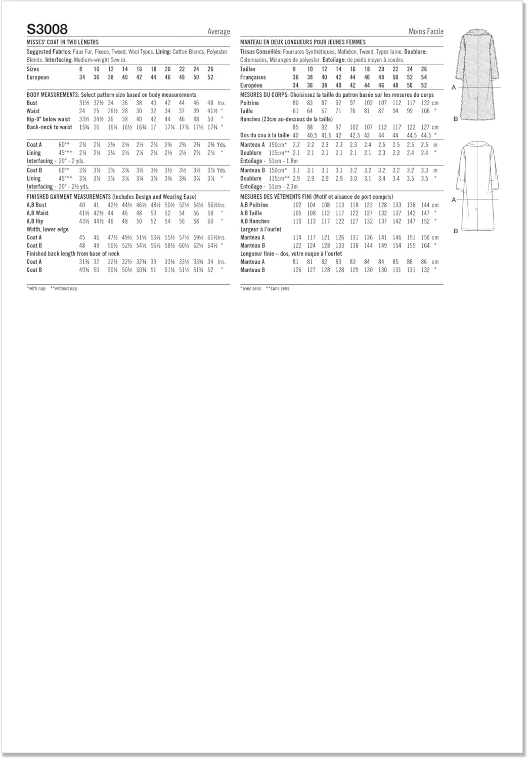 الگوی خیاطی کت خز مصنوعی زنانه سیمپلیسیتی مدل SS3008K5، کد طراحی S3008، سایزهای 8-10-12-14-16، چند رنگ