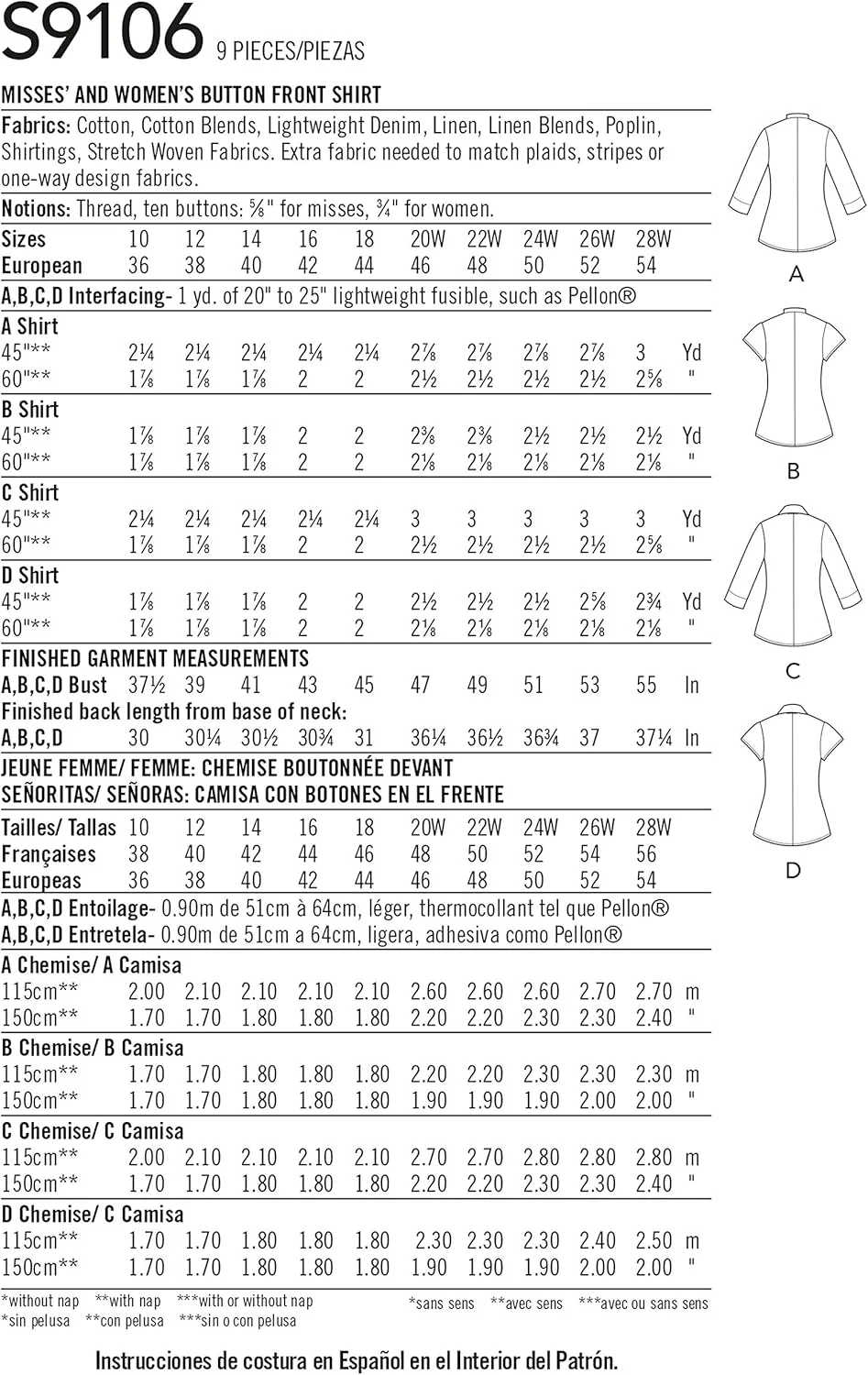 الگوی خیاطی سادگی S9106 پیراهن دکمه دار جلو زنانه و دخترانه، متنوع، BB (20W-22W-24W-26W-28W)