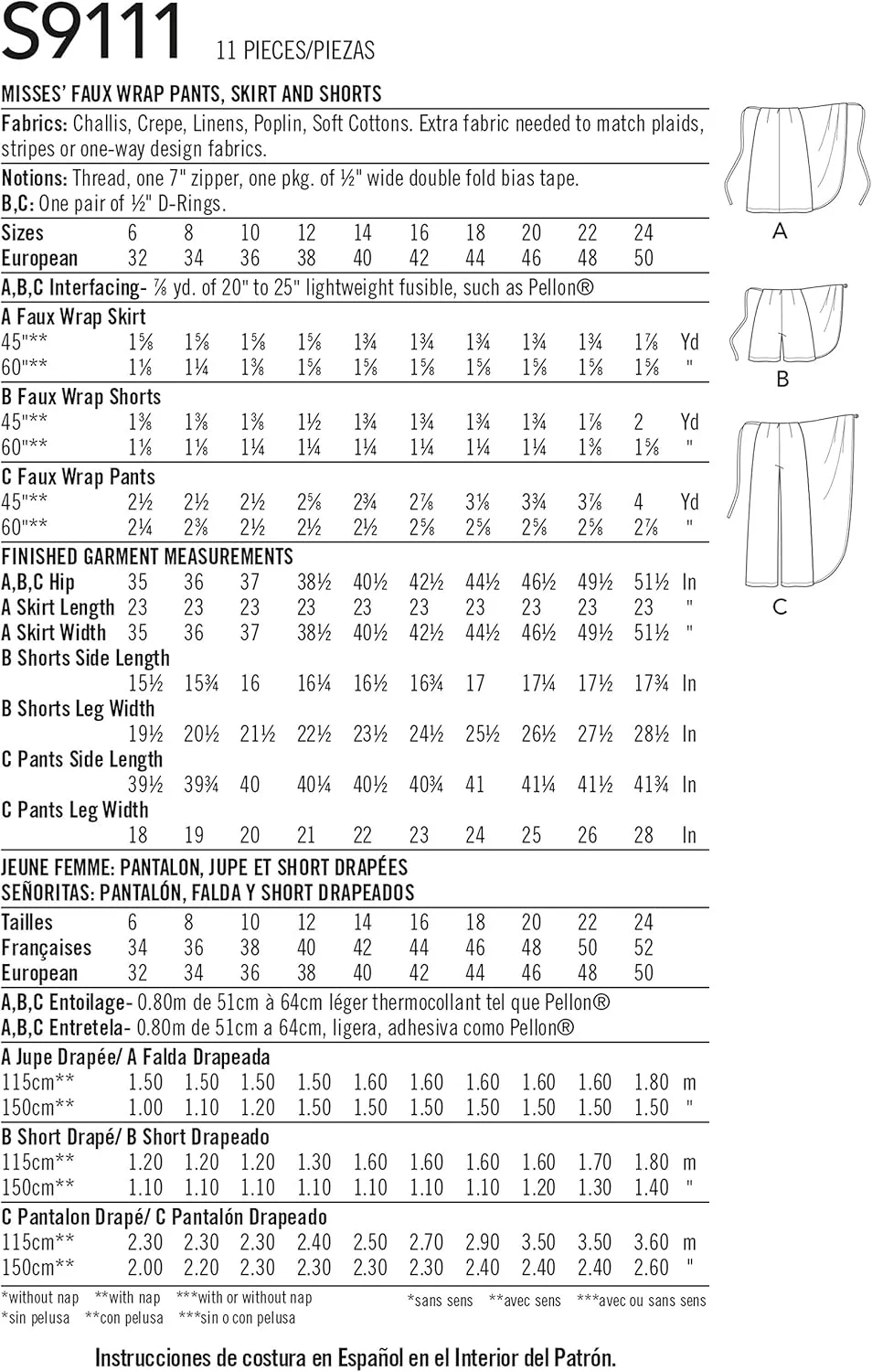 الگوی خیاطی SIMPLICITY S9111 برای دامن، شلوارک و شلوار فاق کوتاه زنانه، متنوع، H5 (6-8-10-12-14)