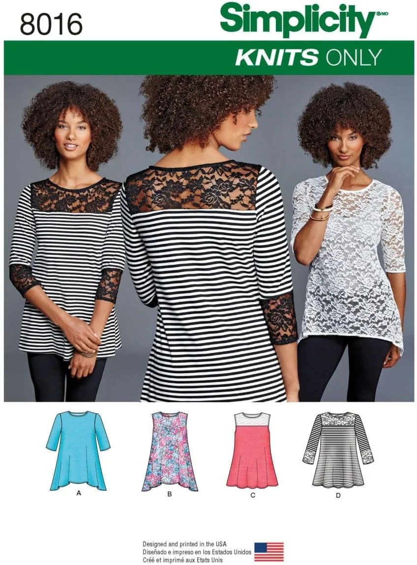 الگوی خیاطی سادگی 8016A تاپ های بافتنی زنانه با تنوع گیپور، کاغذی، سفید، A (XXS-XS-S-M-L-XL-XXL)