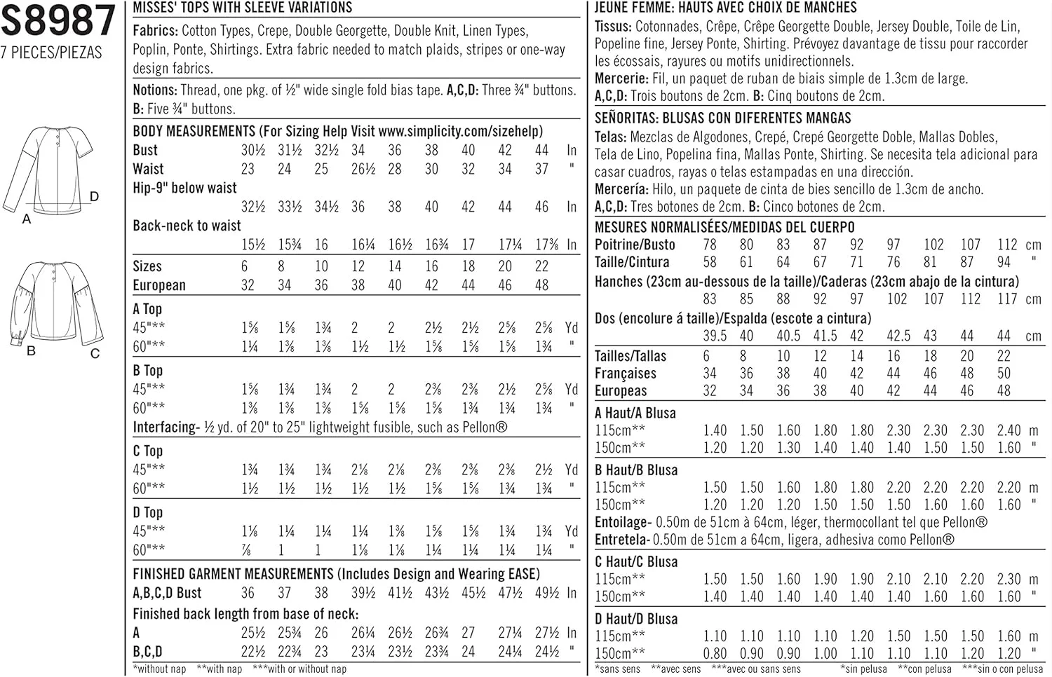 الگوی خیاطی سادگی S8987 تاپ های زنانه با مدل های متنوع آستین، کاغذی، سفید، متنوع