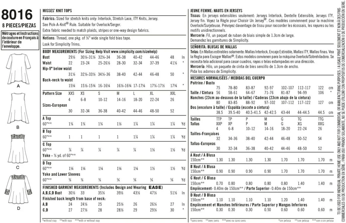 الگوی خیاطی سادگی 8016A تاپ های بافتنی زنانه با تنوع گیپور، کاغذی، سفید، A (XXS-XS-S-M-L-XL-XXL)