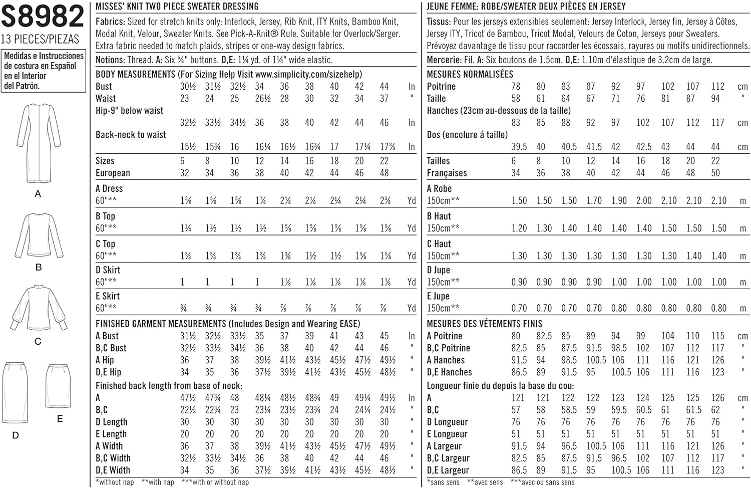 الگوی خیاطی سیمپلیسیتی S8982 لباس بافتنی دو تکه زنانه، تاپ، دامن، کاغذی، سفید، متنوع