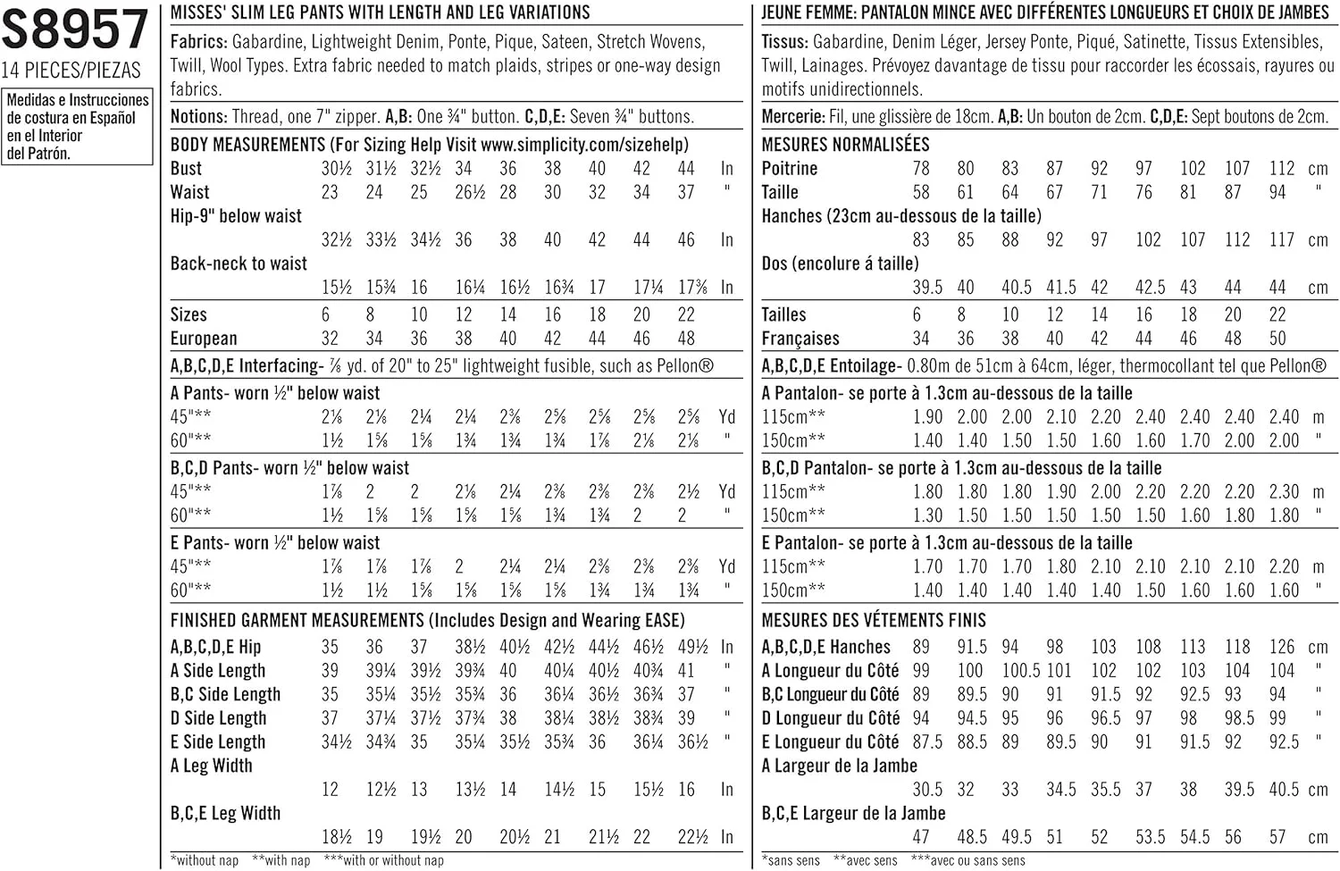 الگوی خیاطی سادگی S8957 شلوار راسته زنانه با تنوع، کاغذی، سفید، متنوع