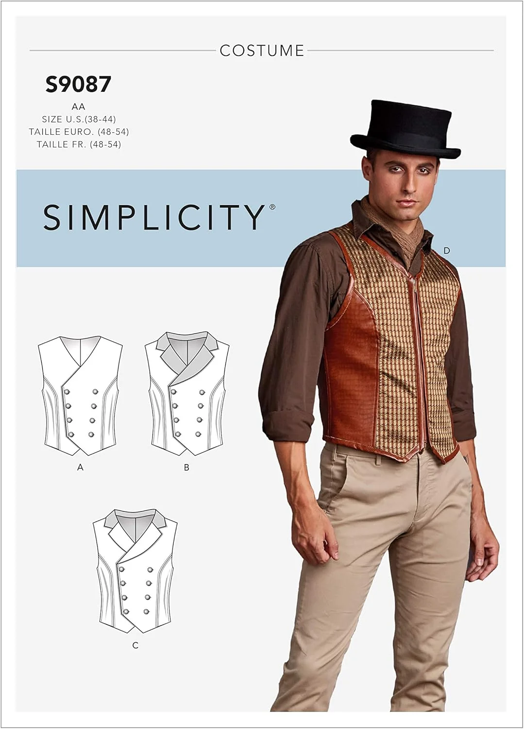 الگوی خیاطی سادگی S9087 جلیقه های کرست استیم پانک مردانه، سایز 46-48-50-52، BB