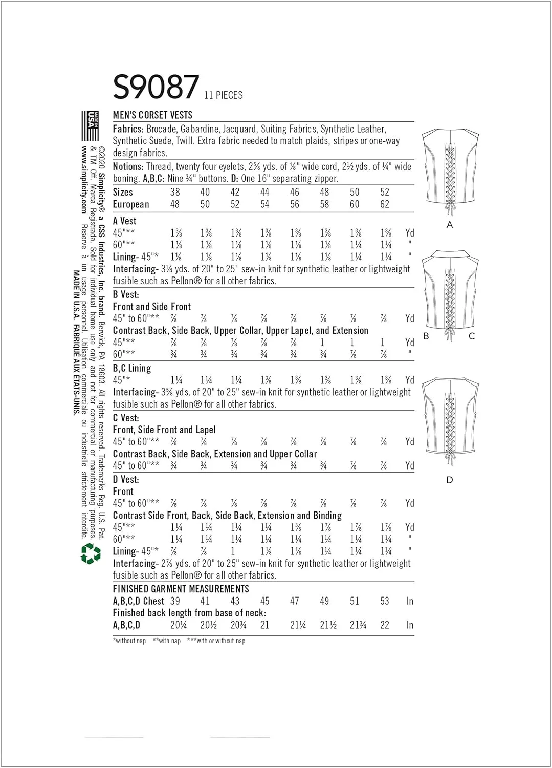 الگوی خیاطی سادگی S9087 جلیقه های کرست استیم پانک مردانه، سایز 46-48-50-52، BB