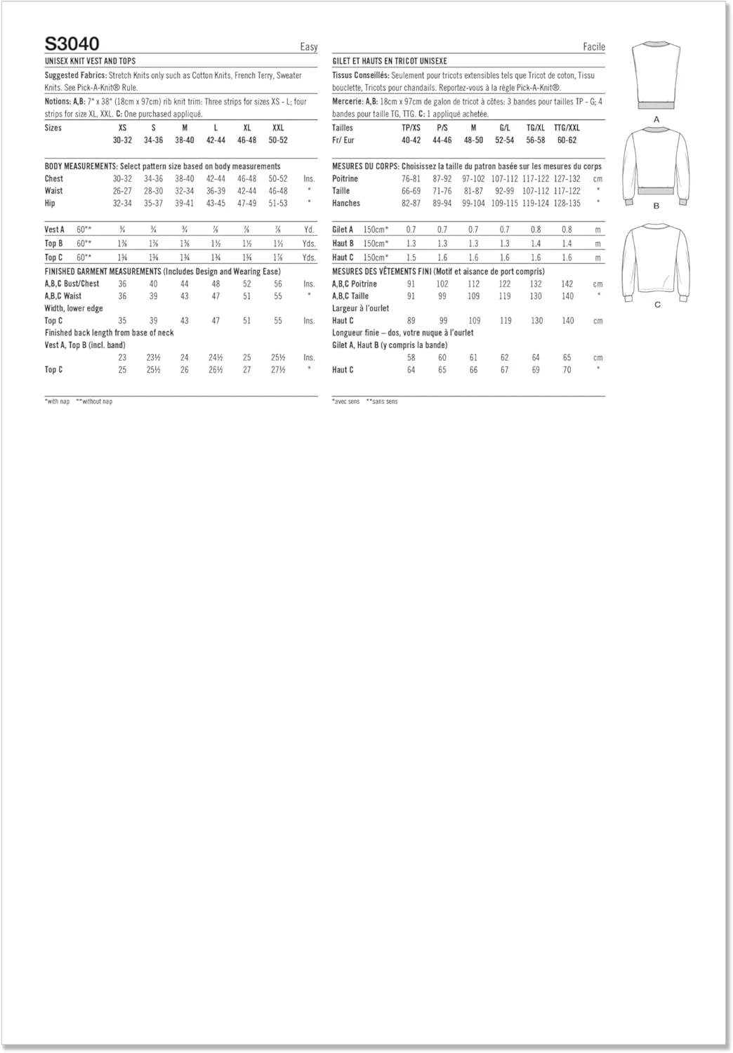 الگوی خیاطی سادگی مدل SS3040A، جلیقه و تاپ بافتنی унисекс، سایز XS-S-M-L-XL-XXL
