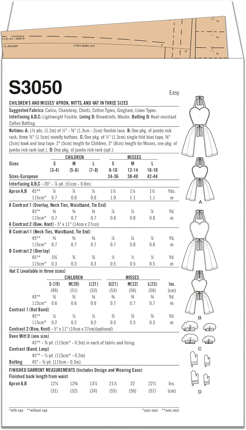 الگوی خیاطی SIMPLICITY SS3050A پیش بند، دستکش و کلاه بچه گانه و زنانه A (S - L/S - L)