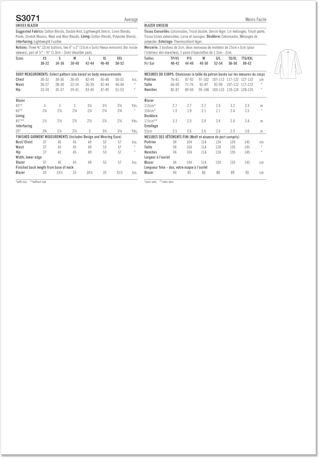 الگوی خیاطی SIMPLICITY مدل SS3071A کت تک دکمه مردانه و زنانه اثر Mimi G Style A (XS-S-M-L-XL-XXL)