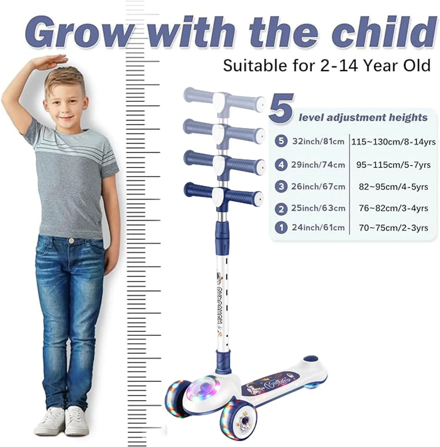 اسکوتر کودکانه GGEROU، 3 چرخ پهن PU چراغ دار و عرشه ضد لغزش پهن شده، دسته قابل تنظیم ارتفاع، ترمز عقب و اسکوتر Lean-to-Steer، ایمن تر برای مبتدیان 1 تا 14 سال