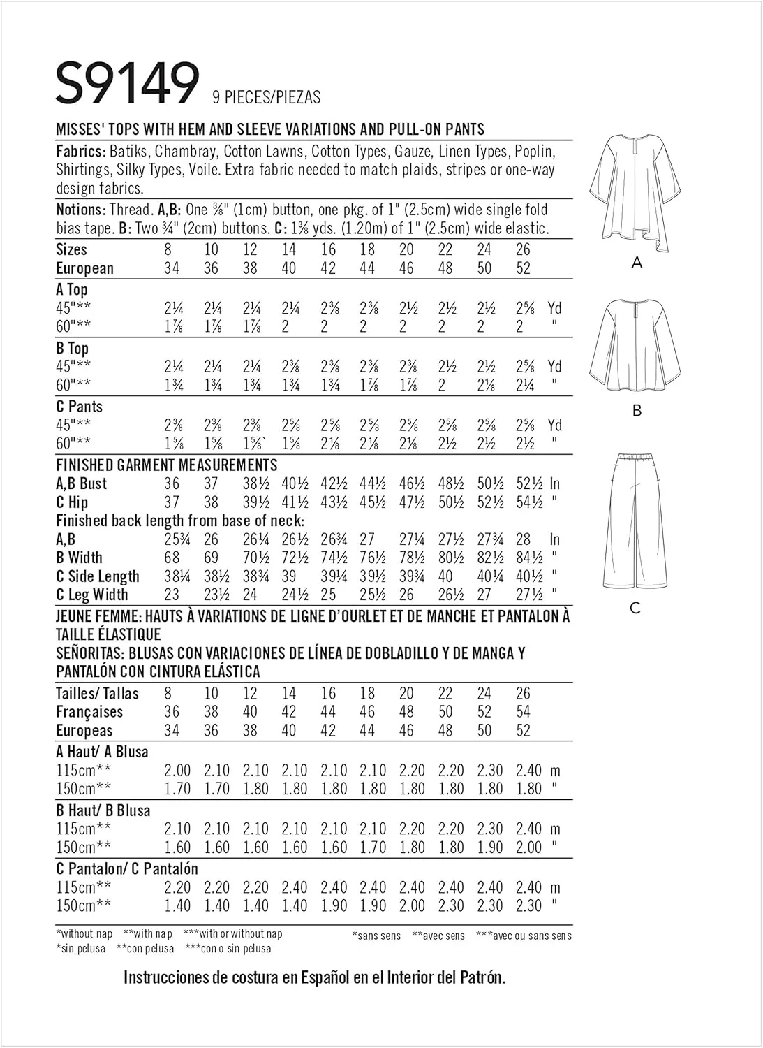 الگوی خیاطی سادگی S9149 - تاپ و شلوار زنانه، سایز: Y5 (18-20-22-24-26)