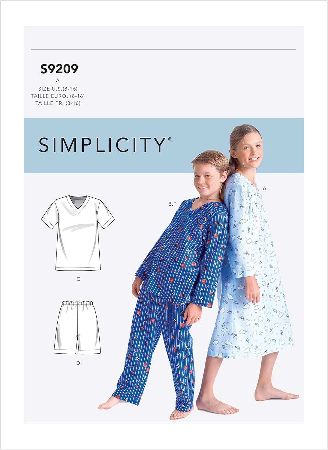 الگوی خیاطی سادگی S9209 - پیراهن، لباس، شورت و شلوار یقه هفت پسرانه/دخترانه، سایز: A (8-10-12-14-16)