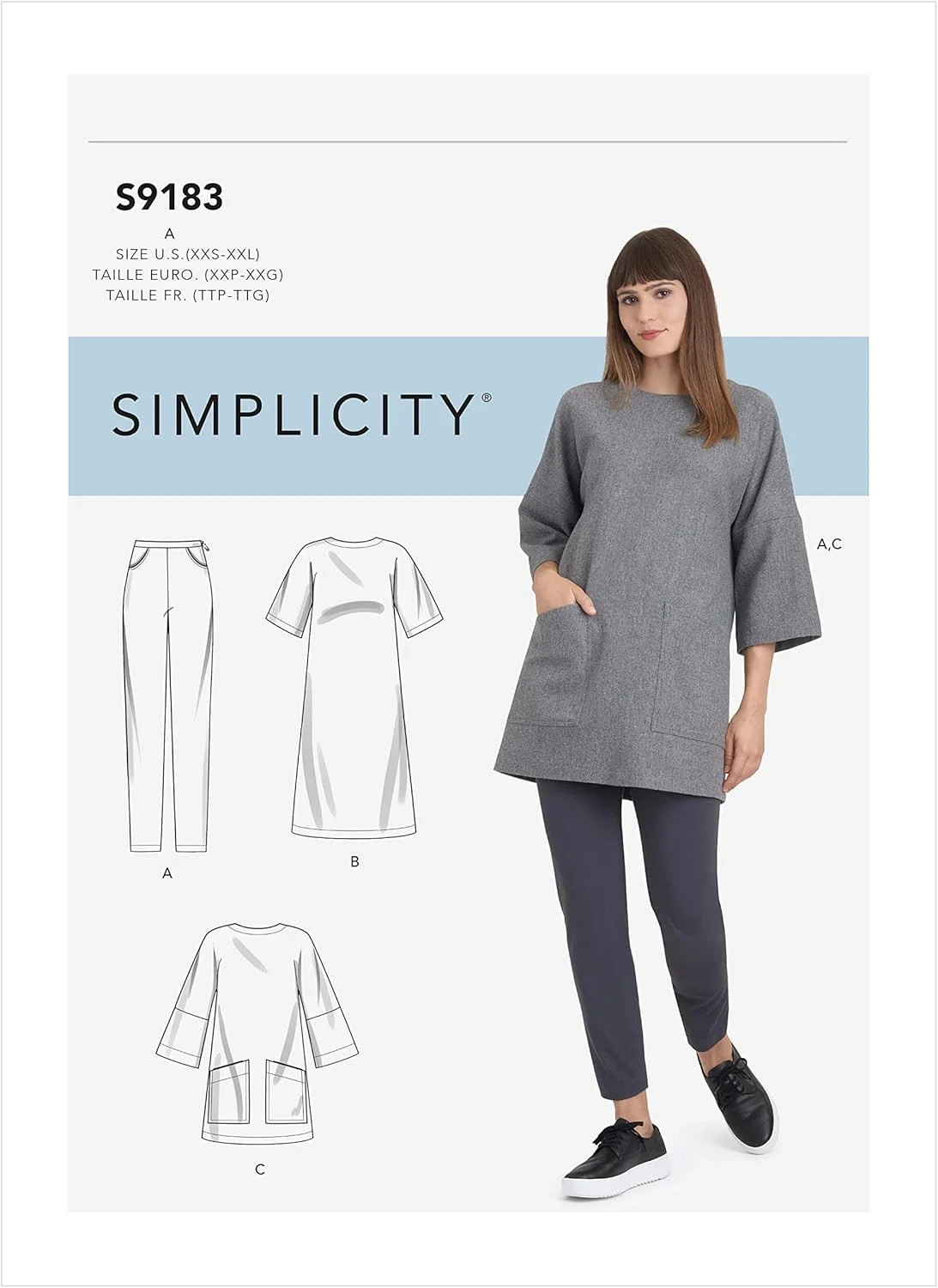 الگوی خیاطی سادگی S9183 - تونیک، تاپ، پیراهن و لگ زنانه، سایز: A (XS-S-M-L-XL-XXL)