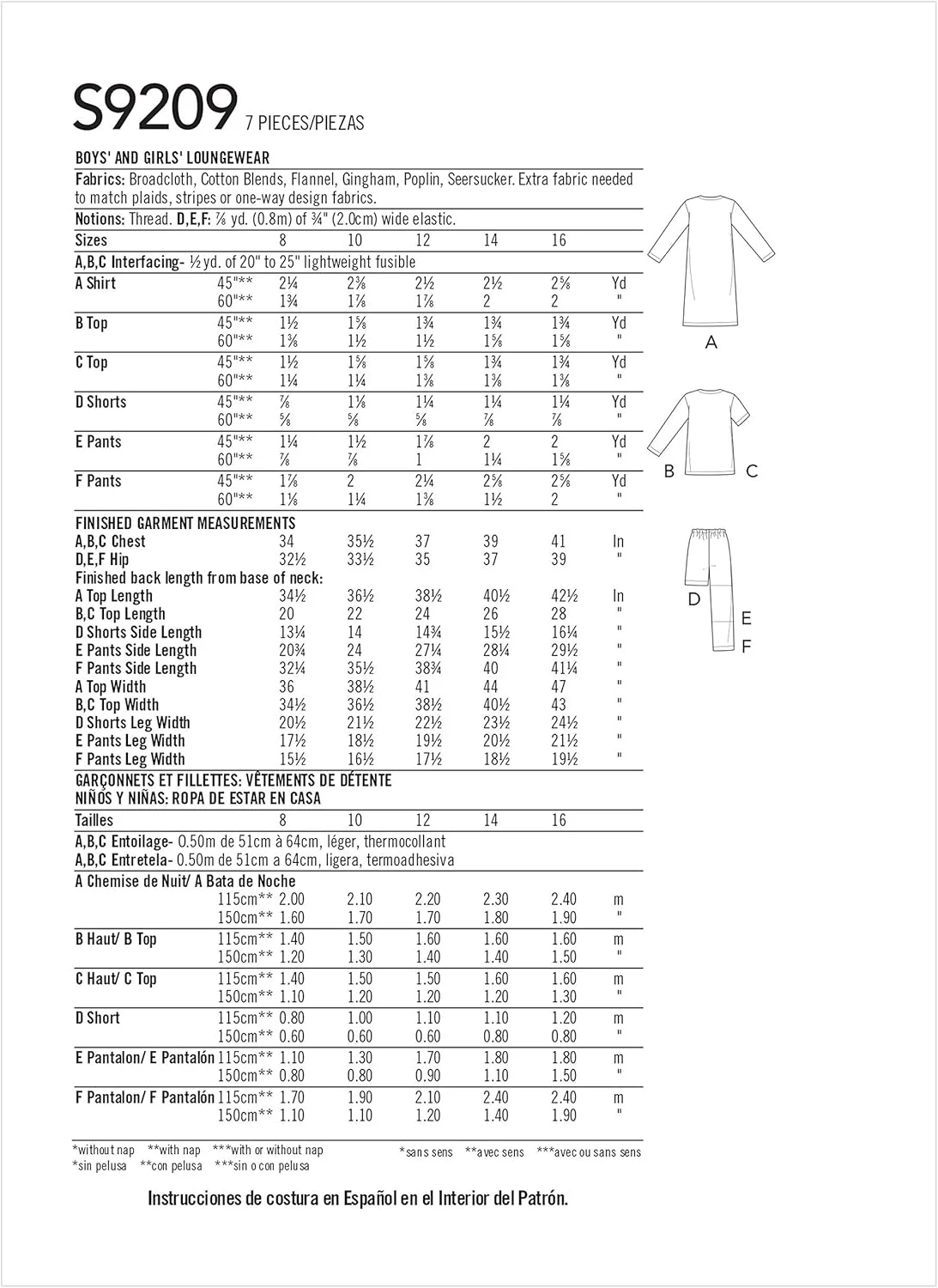 الگوی خیاطی سادگی S9209 - پیراهن، لباس، شورت و شلوار یقه هفت پسرانه/دخترانه، سایز: A (8-10-12-14-16)