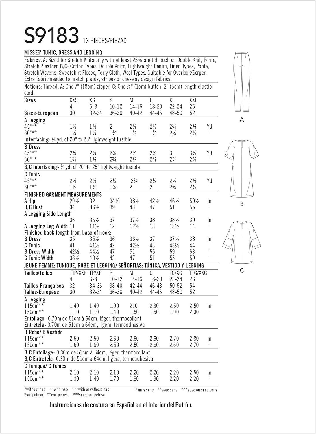 الگوی خیاطی سادگی S9183 - تونیک، تاپ، پیراهن و لگ زنانه، سایز: A (XS-S-M-L-XL-XXL)