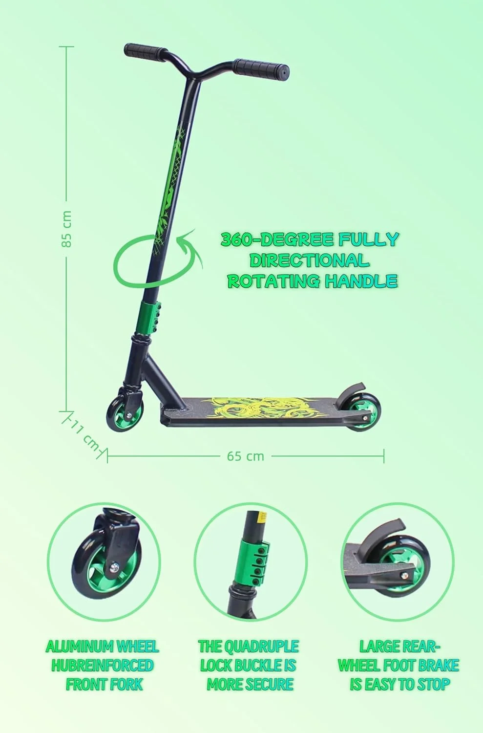 اسکوتر دو چرخ استانت ایزی فیوچر، اسکوتر حرفه ای ترفند با عرشه آلومینیومی و نوار چسب، چرخ های آلیاژی 110 میلی متری، فرمان T-Bar پهن، ترمز فولادی، سبک وزن 360 درجه