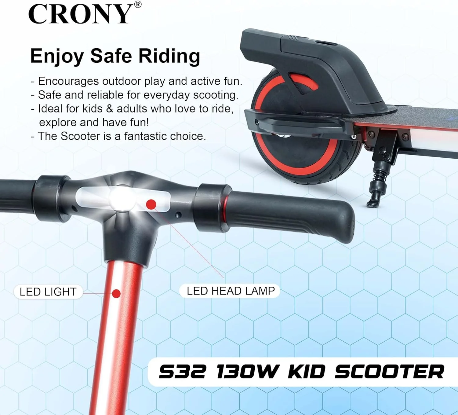 اسکوتر تاشو کودکانه CRONY با نوار نور LED، چراغ‌های عرشه RGB، ترمز الکترونیکی، نمایشگر LED، شتاب‌دهنده و زیرپایی توسعه‌یافته برای سنین 5-12 سال، تحمل وزن تا 100 کیلوگرم، قرمز
