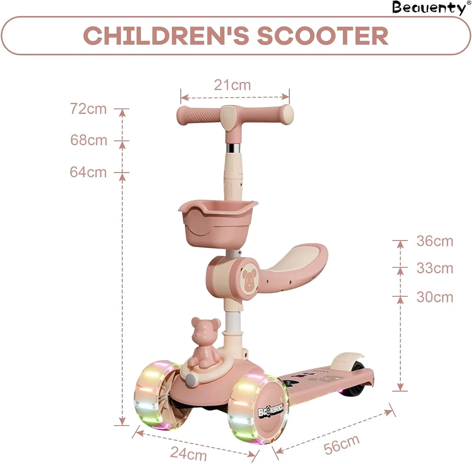 اسکوتر 2 در 1 کودکانه Beauenty مناسب سنین 3 تا 12 سال با فرمان قابل تنظیم، طراحی مثلثی پایدار، چرخ های فلاش، و قابلیت تاشو - گزینه های نشسته و ایستاده، و چراغ های رنگارنگ و موسیقی
