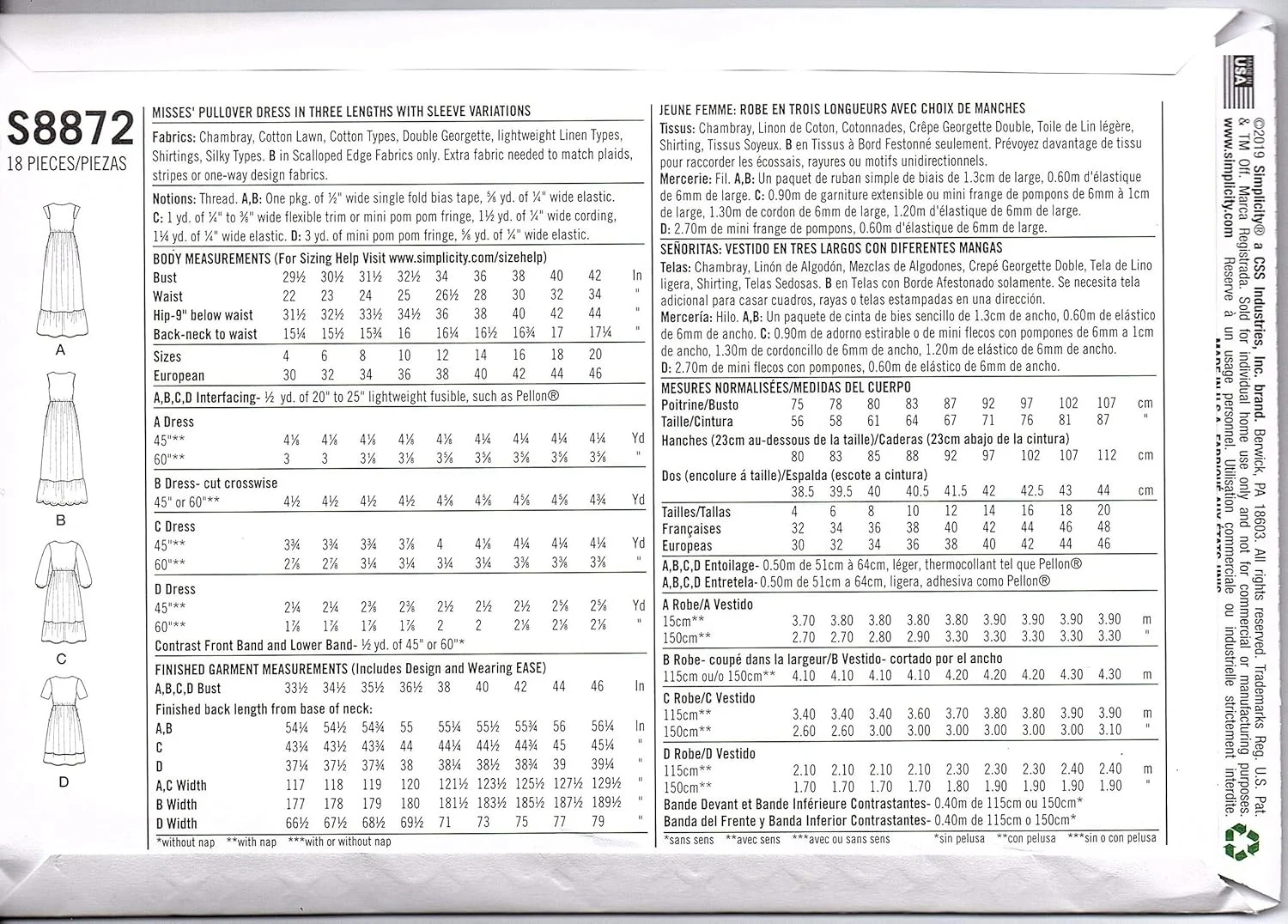 الگوی خیاطی سادگی S8872، لباس زنانه پولور، کاغذی، سفید، متنوع
