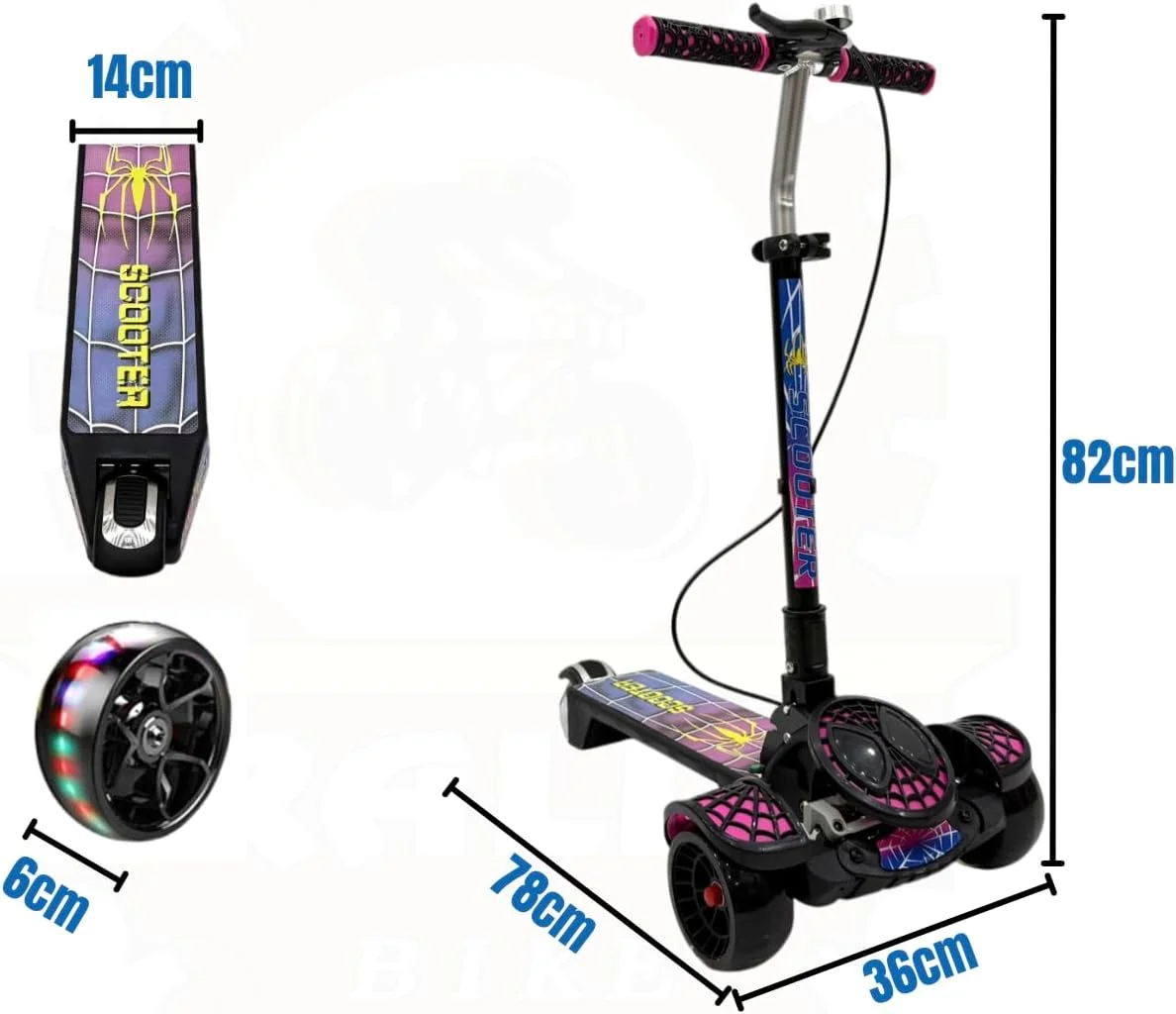 اسکوتر کودک رالی، مناسب برای 3 تا 12 سال، اسکوتر دستی سه چرخ، اسکوتر تاشو با نور و موسیقی، ارتفاع قابل تنظیم