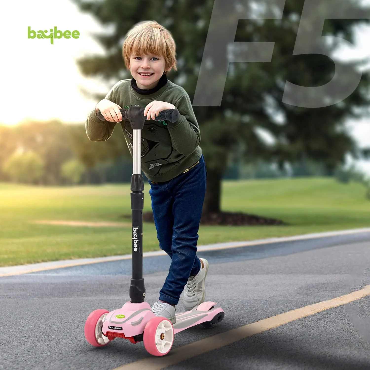 اسکوتر 3 چرخ Baybee Inferno مناسب کودکان 3 تا 8 سال - تاشو و دارای دسته با قابلیت تنظیم ارتفاع در چهار حالت، 3 چرخ PU LED چشمک زن - اسکوتر پسرانه دخترانه