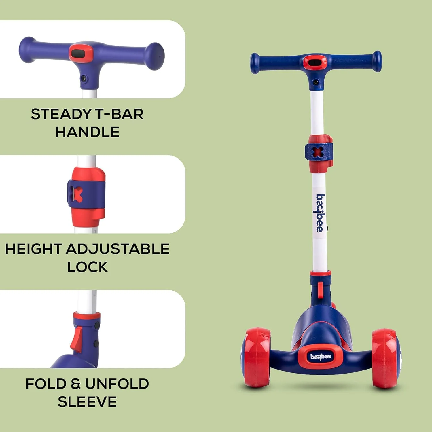 اسکوتر اسکیت Baybee Enzo برای کودکان، اسکوتر 3 چرخ کودکان، اسکوتر ضربه ای با دسته تاشو و قابل تنظیم ارتفاع، اسکوتر دونده با چرخ های PU LED، اسکوتر برای کودکان 3 تا 12 سال پسران دختران
