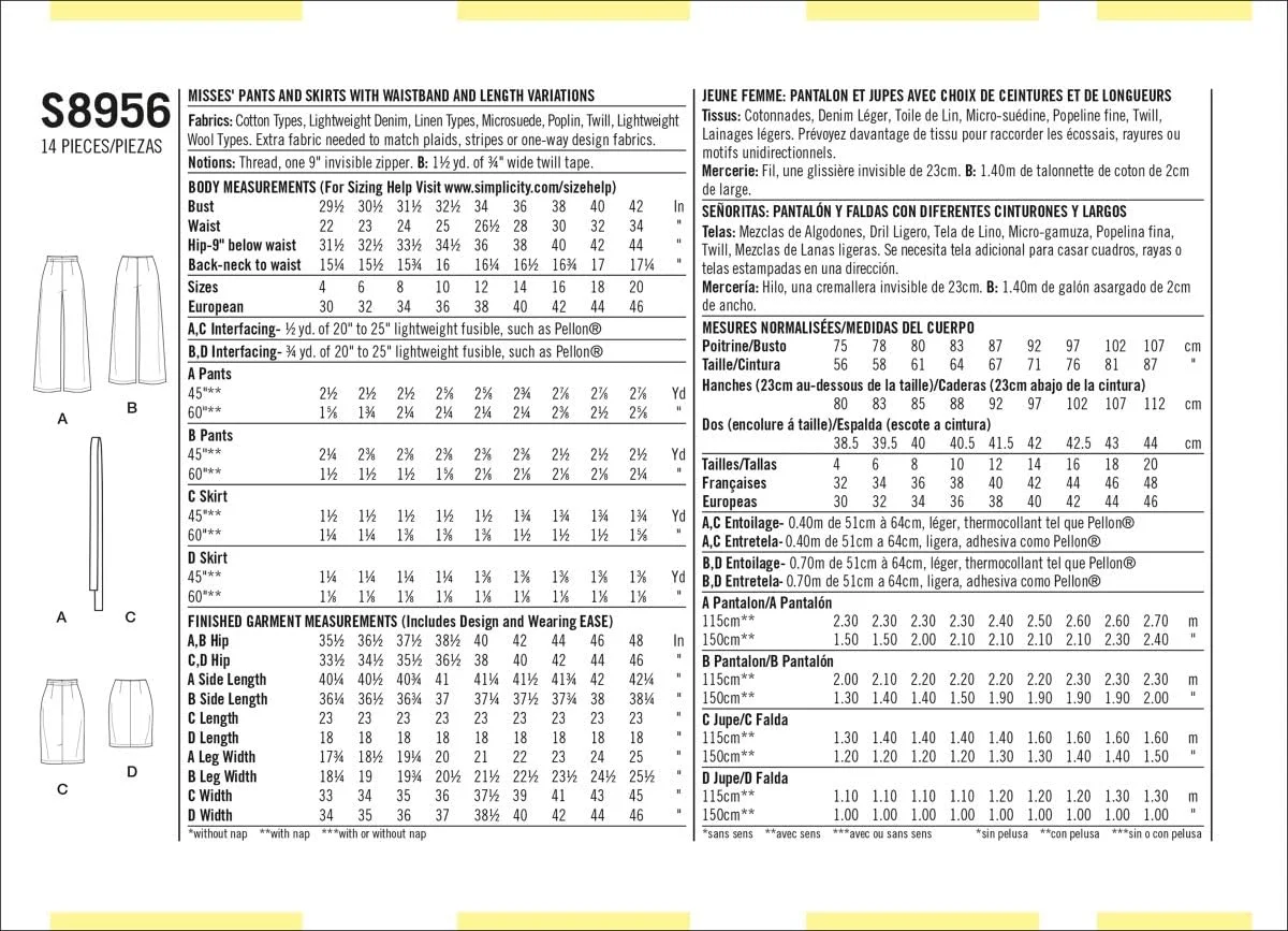الگوی خیاطی سادگی S8956، شلوار و دامن زنانه، کاغذی، سفید، متنوع الگوی خیاطی سادگی S8956، شلوار و دامن زنانه، کاغذی، سفید، متنوع