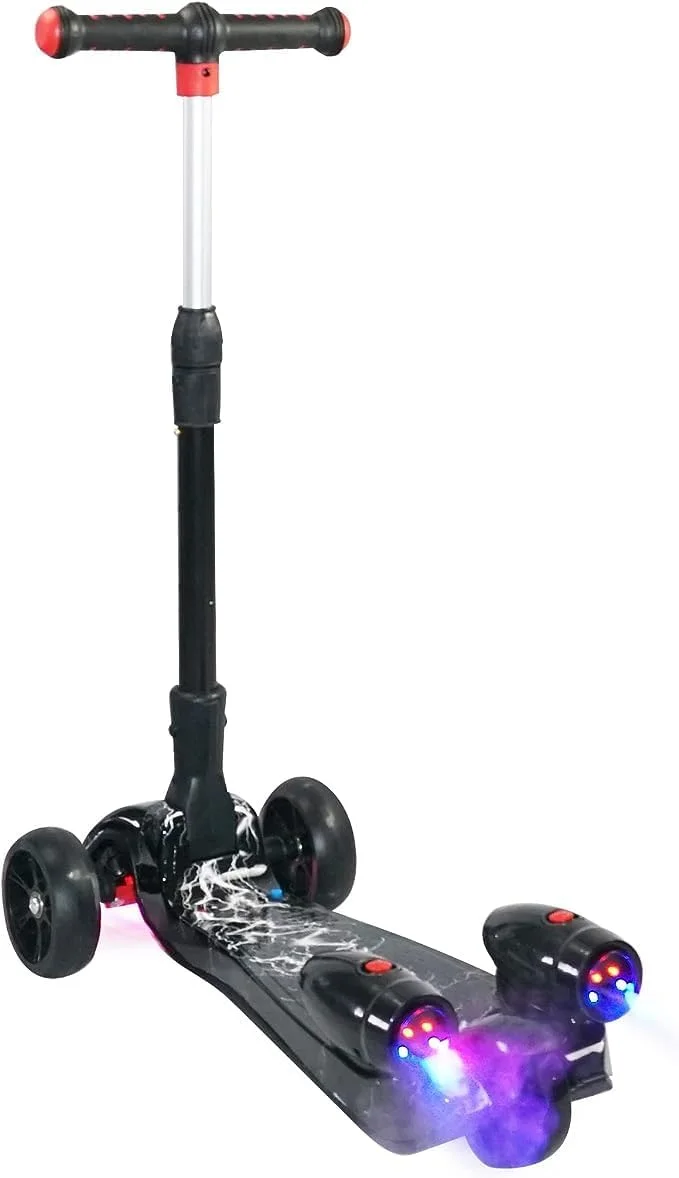 اسکوتر سه چرخ کودکانه CIVI STORE با چرخ‌های LED، موسیقی بلوتوث و جلوه دود اسپری آب - اسکوتر ایمن Lean-to-Steer برای سنین 3-14 سال (مشکی)
