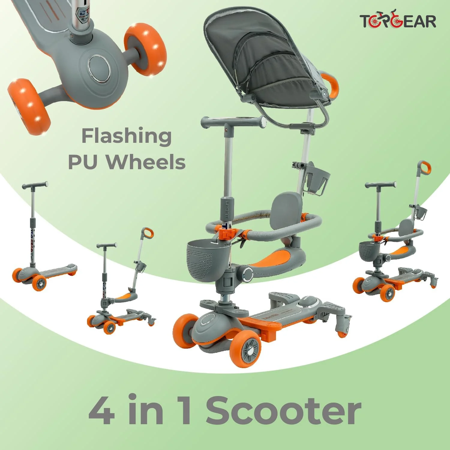 اسکوتر 4 در 1 کودک نوپا مدل TG 8028 با چرخ های PU چراغ دار، اسکوتر کودک با میله هل دهنده والدین قابل تنظیم و سایبان محافظ آفتاب، بهترین هدیه برای پسران و دختران 1 تا 12 ساله (سبز)