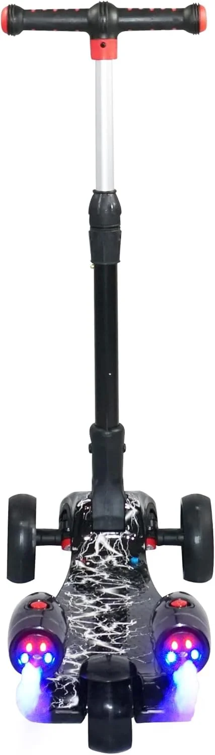 اسکوتر سه چرخ کودکانه CIVI STORE با چرخ‌های LED، موسیقی بلوتوث و جلوه دود اسپری آب - اسکوتر ایمن Lean-to-Steer برای سنین 3-14 سال (مشکی)