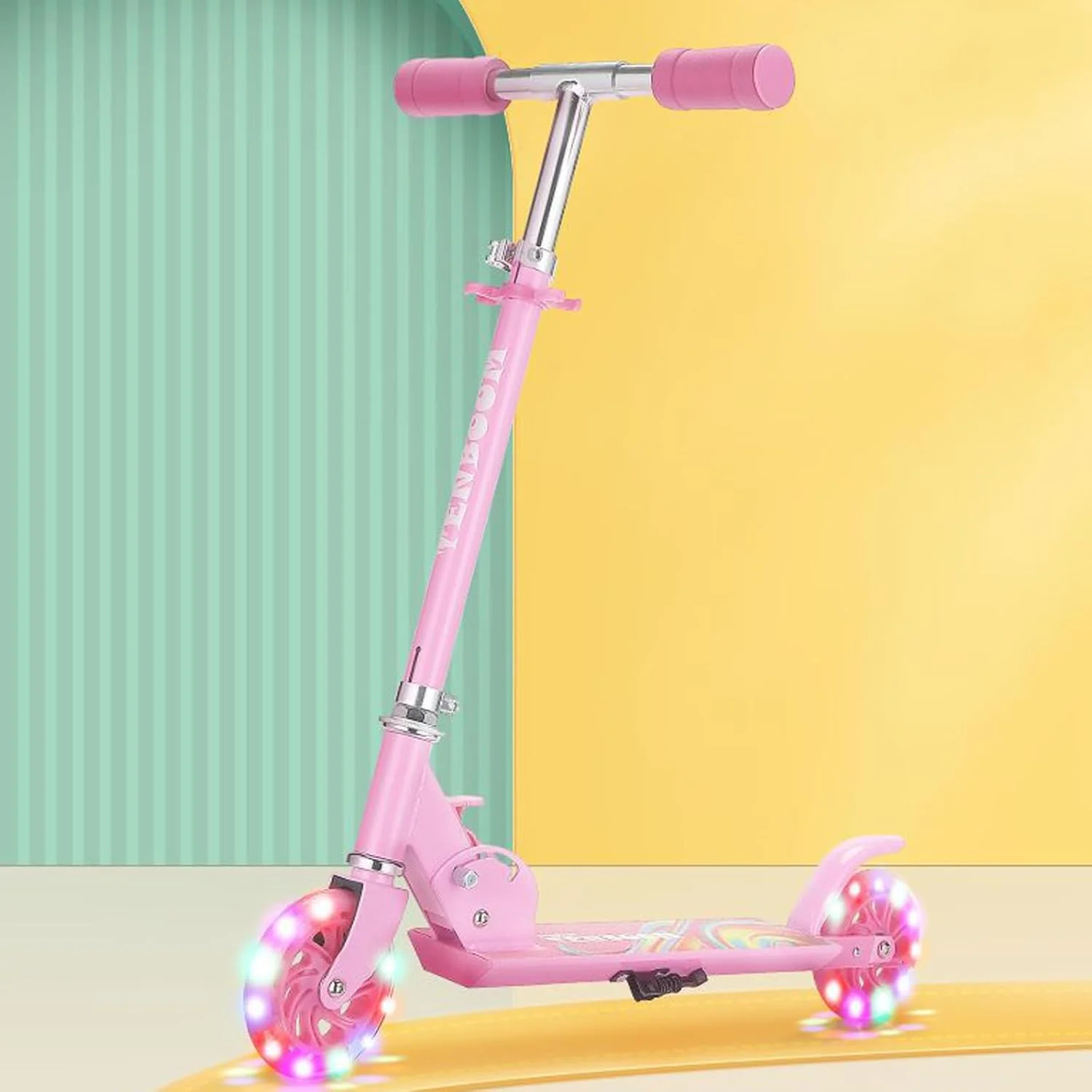 اسکوتر ضربه ای ALMEKAQUZ، اسکوتر فشاری تاشو و قابل حمل برای کودکان، 3 دسته قابل تنظیم ارتفاع، اسکوترهای ضربه ای کودکان با چرخ های روشن، عرشه با الگوی ضد لغزش، هدایای تولد برای دختران پسر (صورتی)