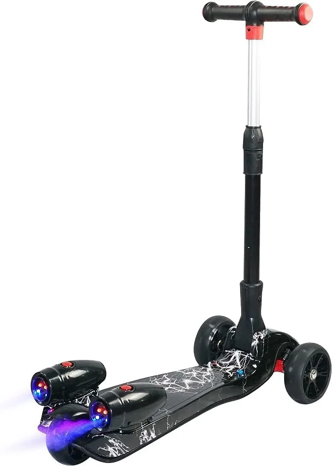 اسکوتر سه چرخ کودکانه CIVI STORE با چرخ‌های LED، موسیقی بلوتوث و جلوه دود اسپری آب - اسکوتر ایمن Lean-to-Steer برای سنین 3-14 سال (مشکی)