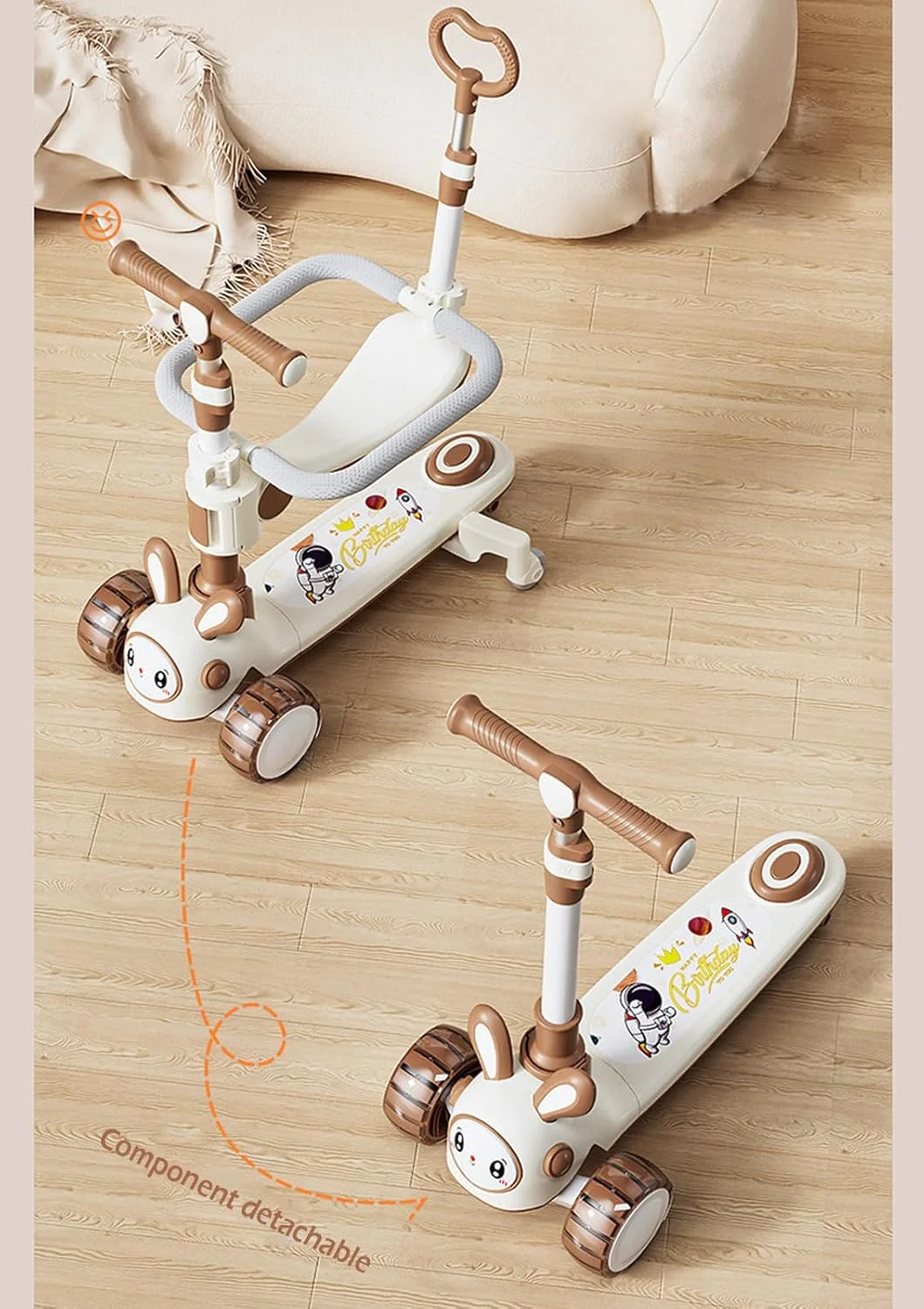 اسکوتر کودکانه 6 در 1 سه چرخ، اسکوتر ضربه ای پسرانه دخترانه مناسب سنین 1 تا 8 سال، ارتفاع قابل تنظیم و صندلی جداشدنی، عرشه پهن ضد لغزش، اسکوتر کودک نوپا با میله فشاری محافظ کودک 360 درجه و میله T