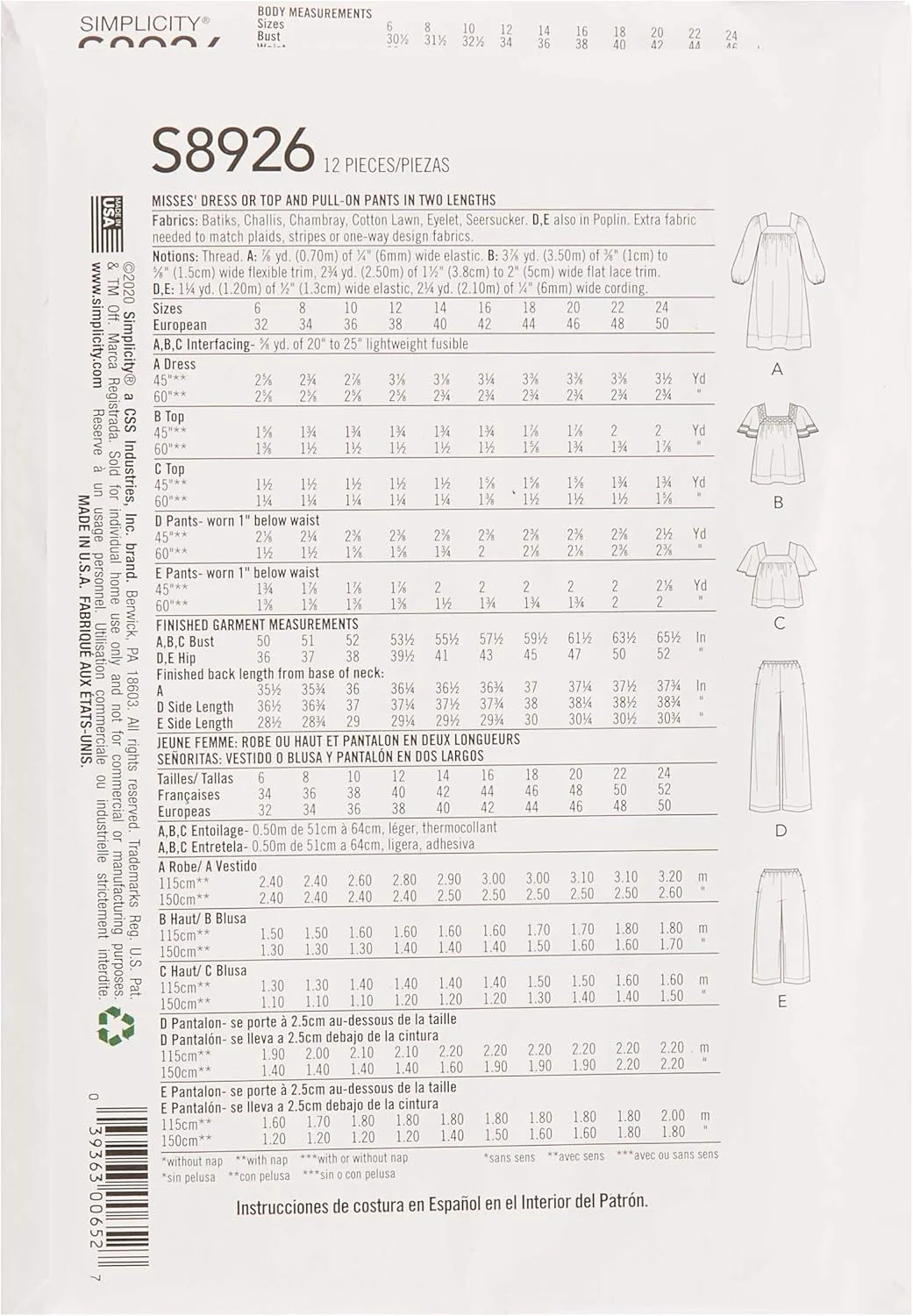 الگوی خیاطی سادگی S8926 لباس، تاپ و شلوار زنانه، سایز U5 (16-18-20-22-24) الگوی خیاطی سادگی S8926 لباس، تاپ و شلوار زنانه، سایز U5 (16-18-20-22-24)