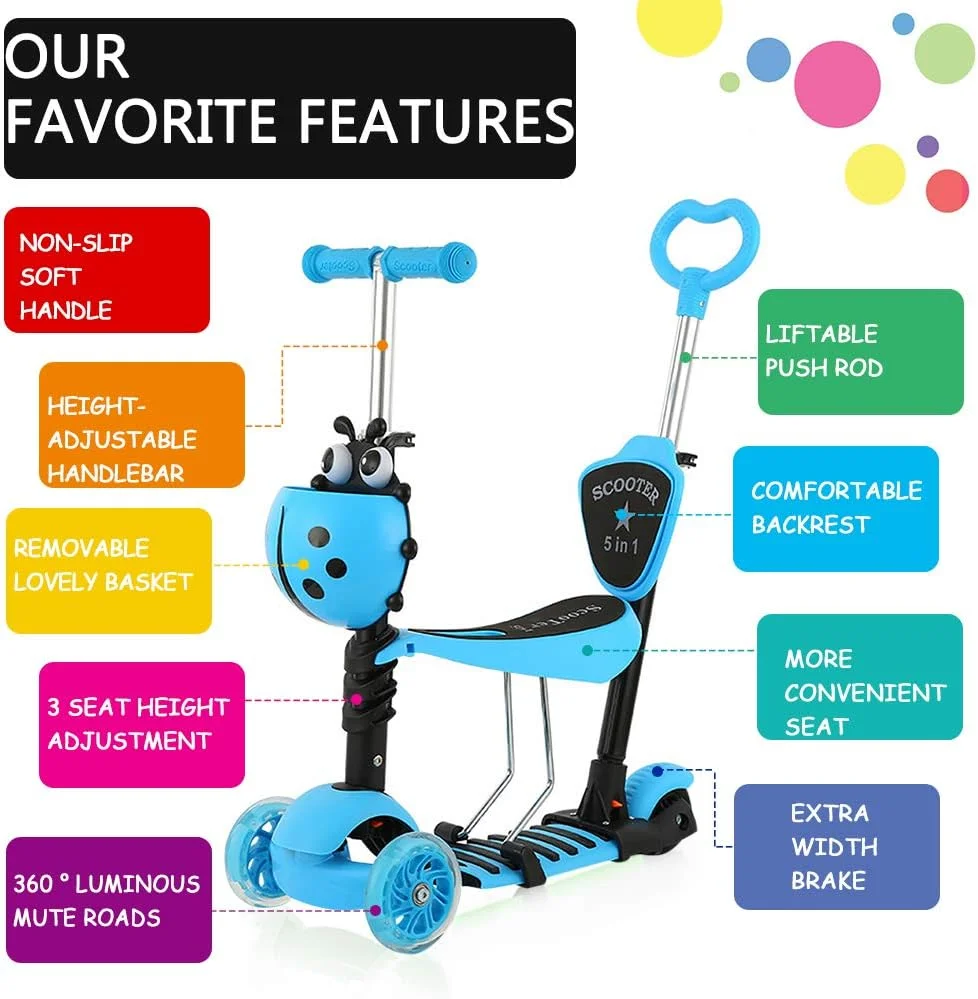 اسکوتر کودکانه دریپکس 5 در 1 با چرخ‌های LED چشمک‌زن، اسکوتر 3 چرخ با فرمان قابل تنظیم، صندلی جداشدنی و دسته فشاری