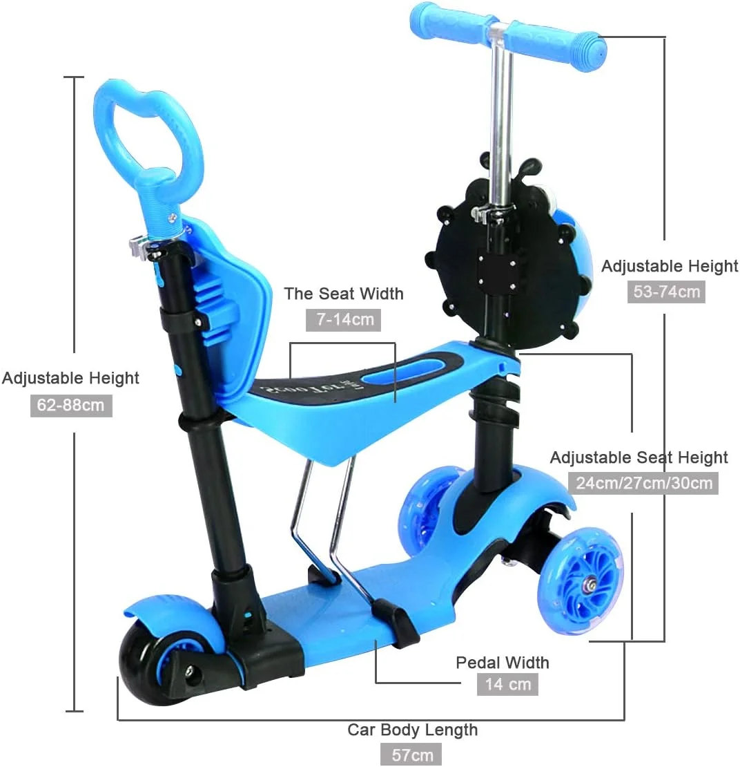 اسکوتر کودکانه دریپکس 5 در 1 با چرخ‌های LED چشمک‌زن، اسکوتر 3 چرخ با فرمان قابل تنظیم، صندلی جداشدنی و دسته فشاری