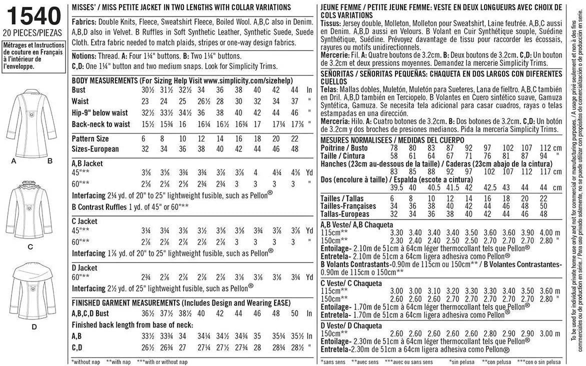 الگوی خیاطی سادگی 1540، کت زنانه و سایز کوچک، سایز H5، سفید مایل به کرم، 6-8-10-12-14 الگوی خیاطی سادگی 1540، کت زنانه و سایز کوچک، سایز H5، سفید مایل به کرم، 6-8-10-12-14