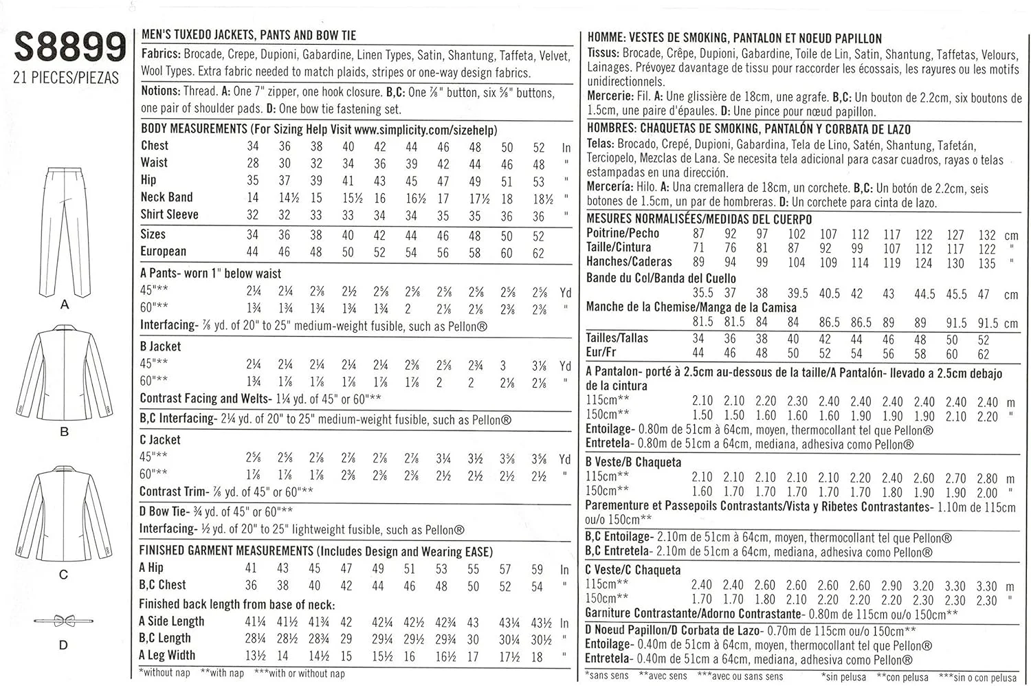 الگوی خیاطی مردانه سیمپلیسیتی S8899 برای کت تاکسیدو، شلوار و پاپیون، کاغذی، سفید، متنوع