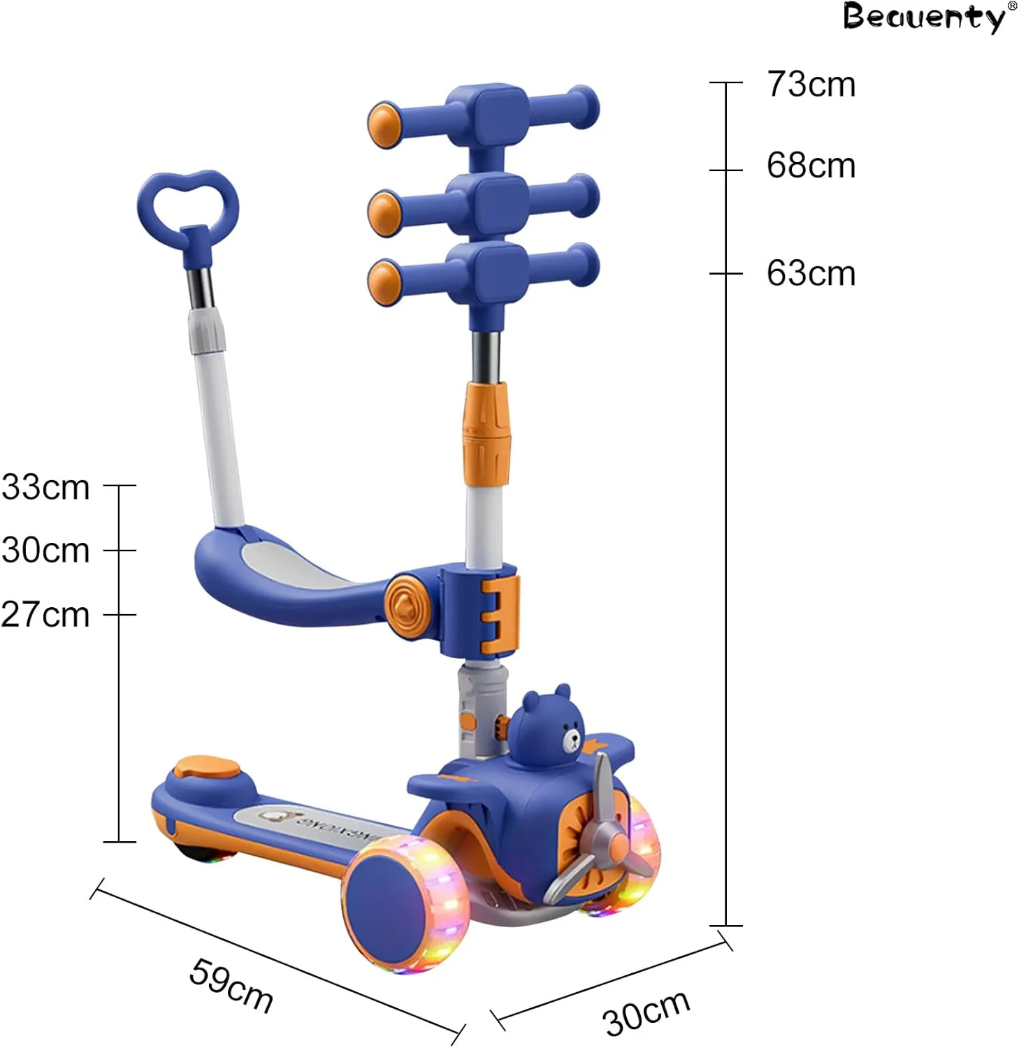 اسکوتر کودک Beauenty، اسکوتر تاشو، اسکوتر ضربه ای، اسکوتر نوپا، اسکوتر دونده، فرمان قابل تنظیم با چرخ های روشن شونده، با ترمز، با موسیقی، با صندلی (بدون باتری)