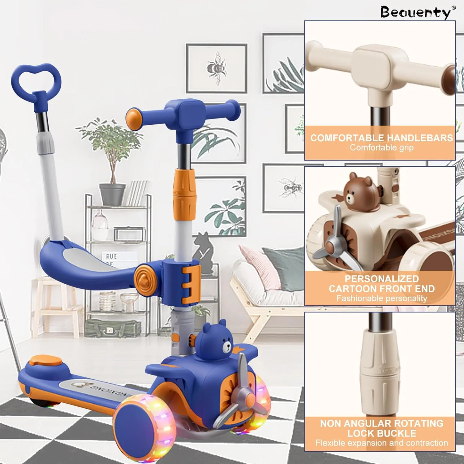 اسکوتر کودک Beauenty، اسکوتر تاشو، اسکوتر ضربه ای، اسکوتر نوپا، اسکوتر دونده، فرمان قابل تنظیم با چرخ های روشن شونده، با ترمز، با موسیقی، با صندلی (بدون باتری)