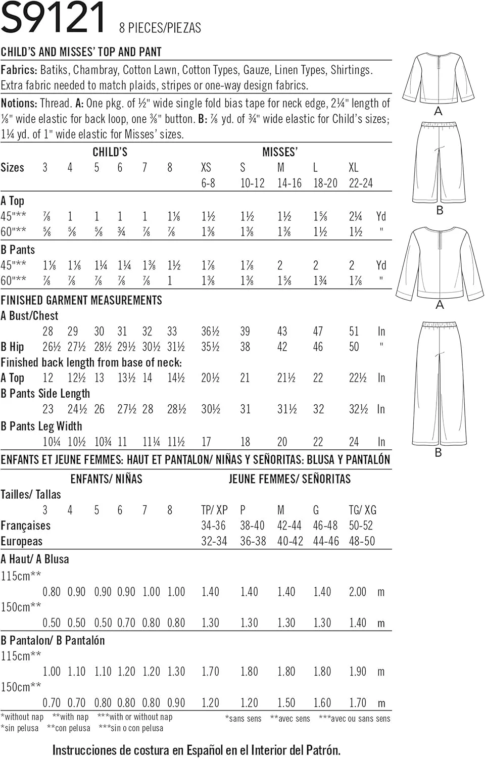 الگوی خیاطی سادگی S9121 تاپ و شلوار بچگانه و زنانه، متنوع، A (3-8 /XS-XL)