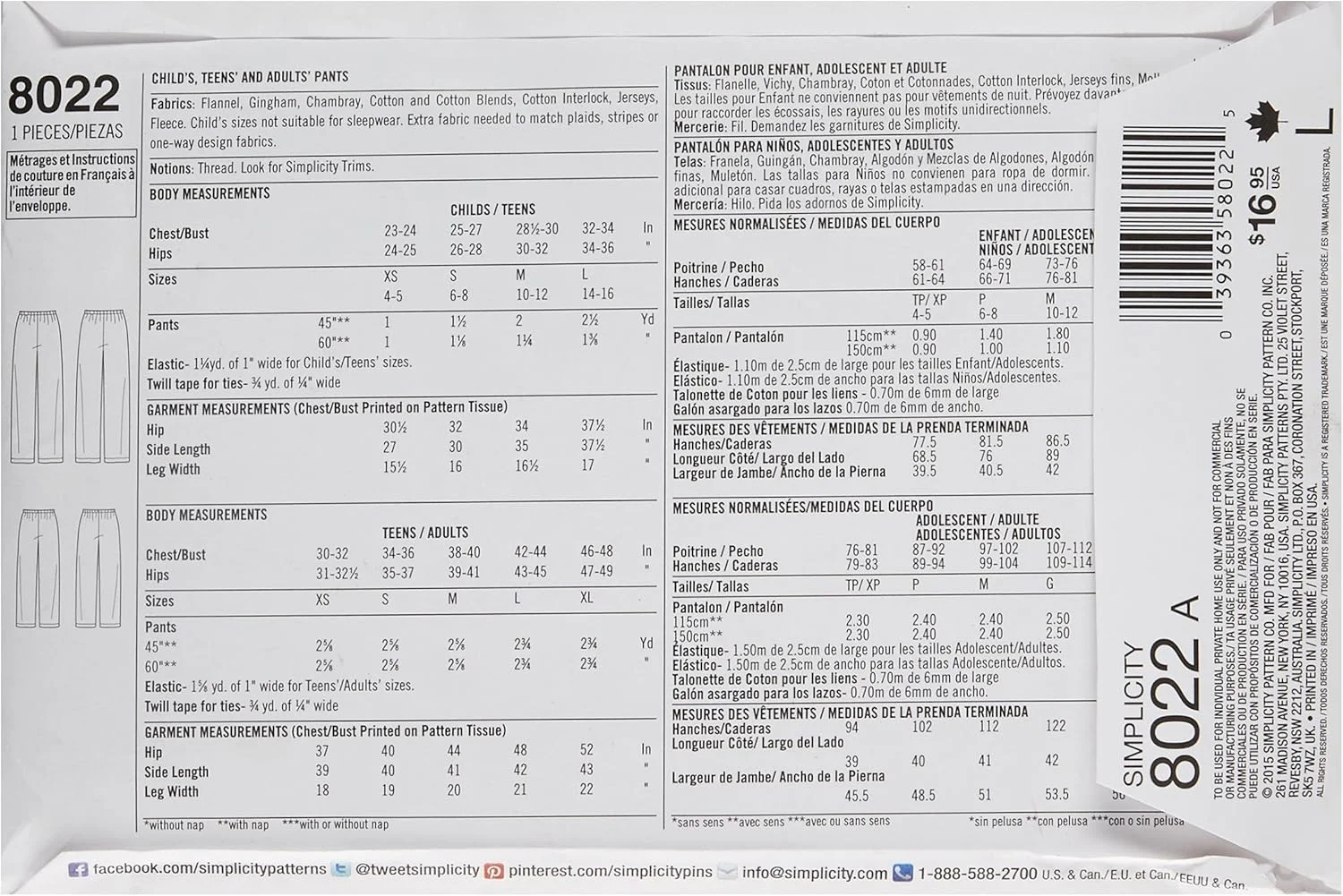 الگوی خیاطی سادگی 8022A شلوار کودک، نوجوان و بزرگسال، کاغذی، سفید، L/XS-XL