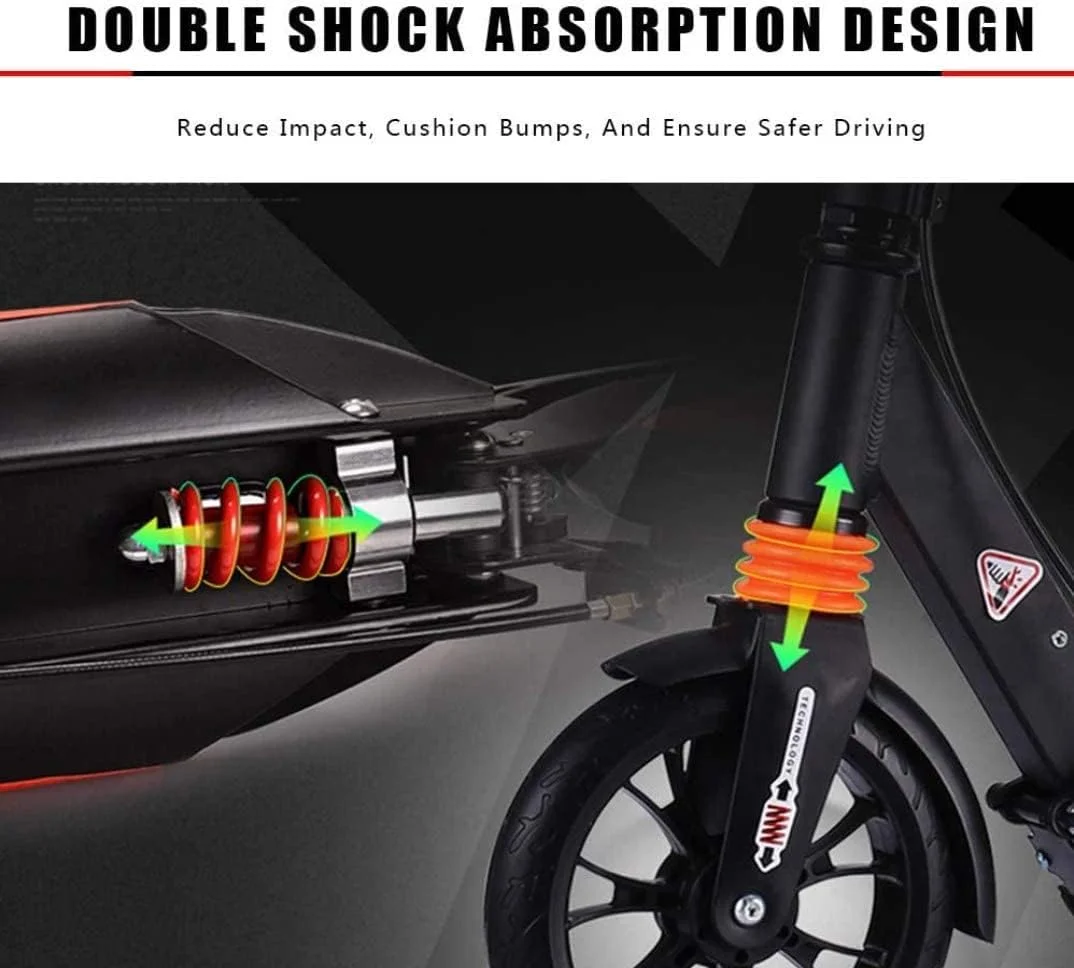 اسکوتر بزرگسالان Honelevo - با سیستم جذب شوک دوبل، ترمزهای دیسکی، 3 ارتفاع قابل تنظیم، تحمل وزن 100 کیلوگرم، مناسب برای نوجوانان و کودکان بالای 8 سال. رنگ مشکی