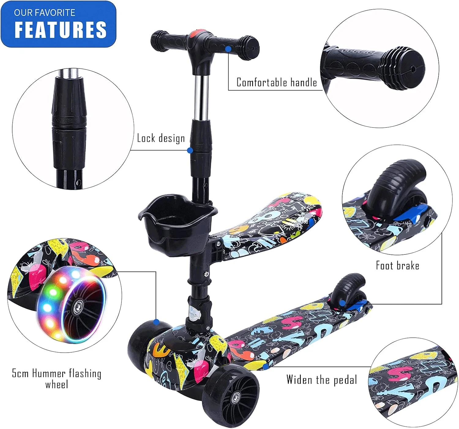 اسکوتر ضربه ای کودکانه Beauenty - 4 چرخ چشمک زن با قابلیت تنظیم ارتفاع عرشه فوق العاده پهن - اسکوتر عالی برای کودکان و اسکوتر کودکان نوپا 3-12 ساله