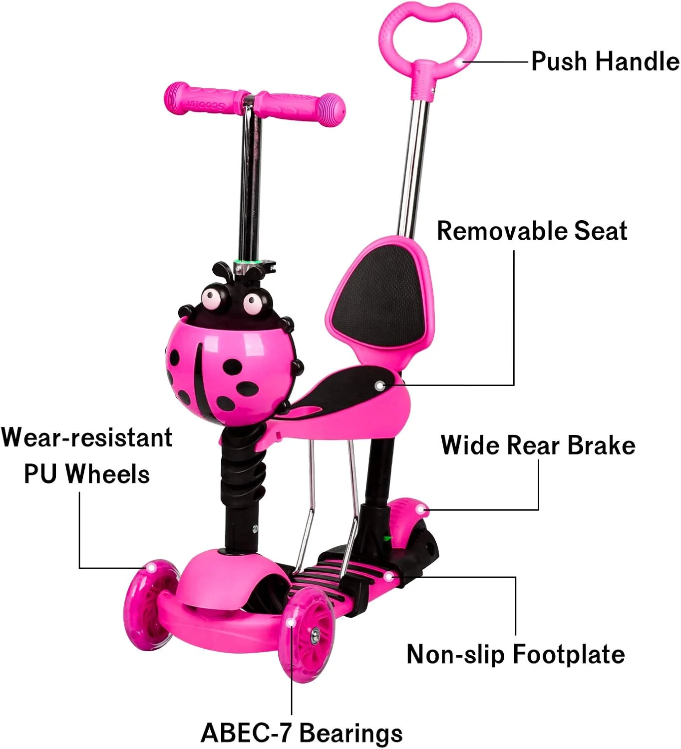 اسکوتر 3 چرخ کودک H.yeed مناسب سنین 3-8 سال، اسکوتر ضربه ای با چرخ های LED چشمک زن، صندلی جداشدنی و فرمان قابل تنظیم، اسکوتر سبک وزن برای کودکان پسر و دختر