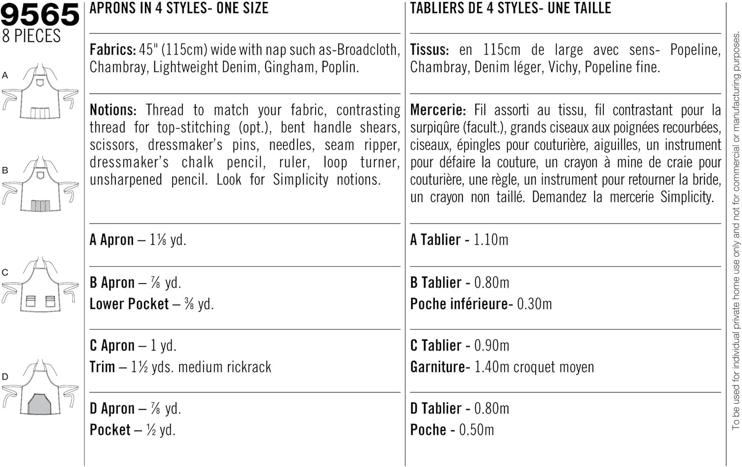 الگوی خیاطی سادگی 9565 پیش بند تک سایز