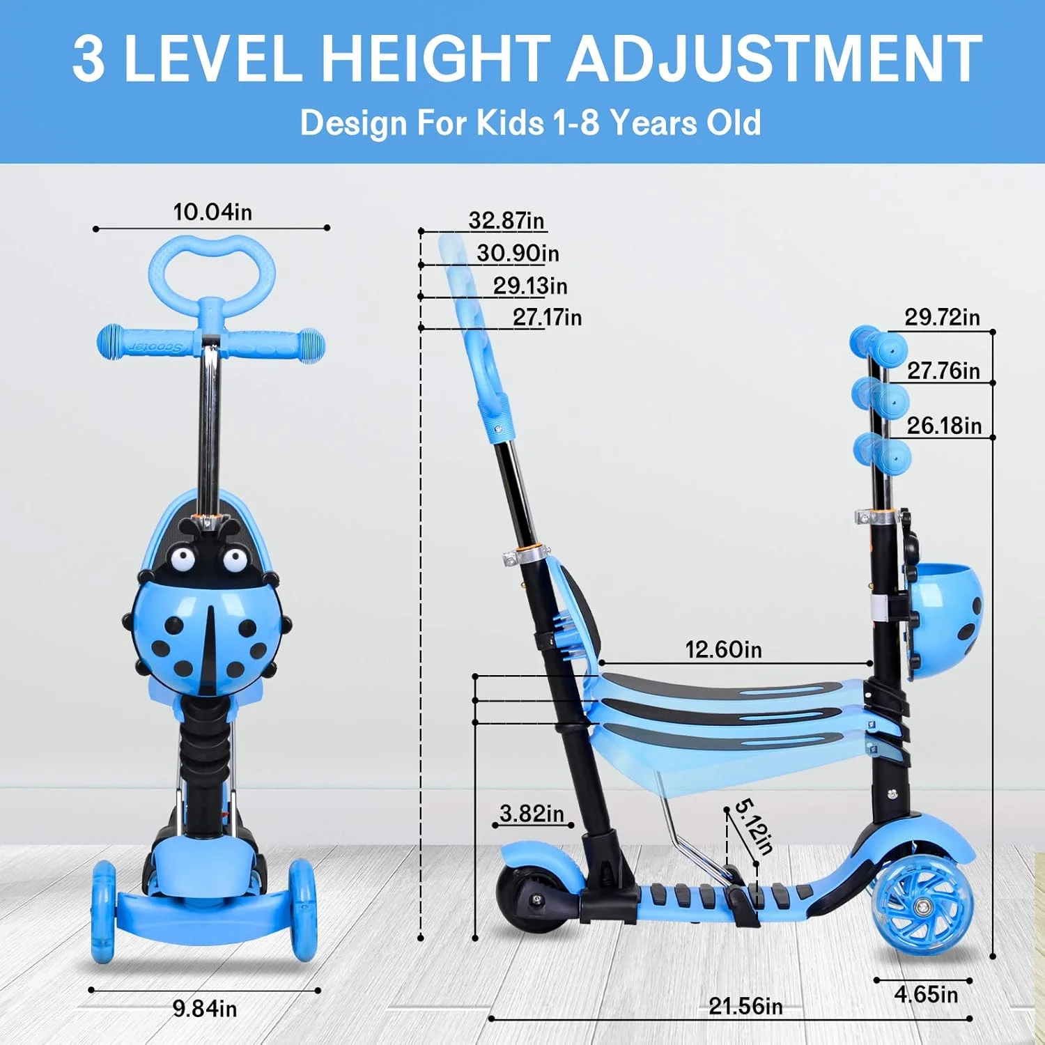 اسکوتر کودکانه 5 در 1، اسکوتر سه چرخ با چراغ LED چشمک زن، دسته و صندلی قابل تنظیم و جدا شدن و دسته فشاری برای پسران و دختران 2 تا 8 ساله
